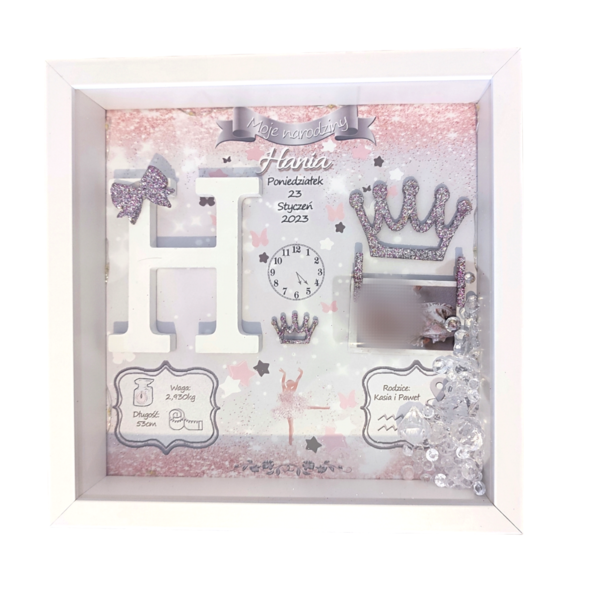 Καδράκι με στοιχεία γέννησης με γκρι ροζ γκλιτερ φόντο 27 x 27cm με βάθος 7cm για Κορίτσι με μονόγραμμα θέμα μπαλαρίνα ,αστεράκια και πεταλουδες ασημί φιογκάκι κορώνες σε ασημί - κορίτσι, δώρο γέννησης, 3d κάδρο, ενθύμια γέννησης