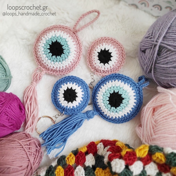 Πλεκτό ματάκι μπρελόκ 6 εκ. evil eye ροζ δωρο για νεογέννητο - κορίτσι, μάτι, evil eye, πλεκτά, φυλαχτά - 5