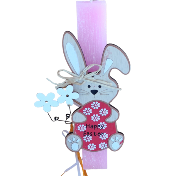 Χειροποίητη λαμπάδα αρωματική πλακέ με ξύλινο στοιχείο κουνελάκι που γράφει Happy Easter. - κορίτσι, λαμπάδες, για παιδιά, πρώτο Πάσχα, για μωρά - 2