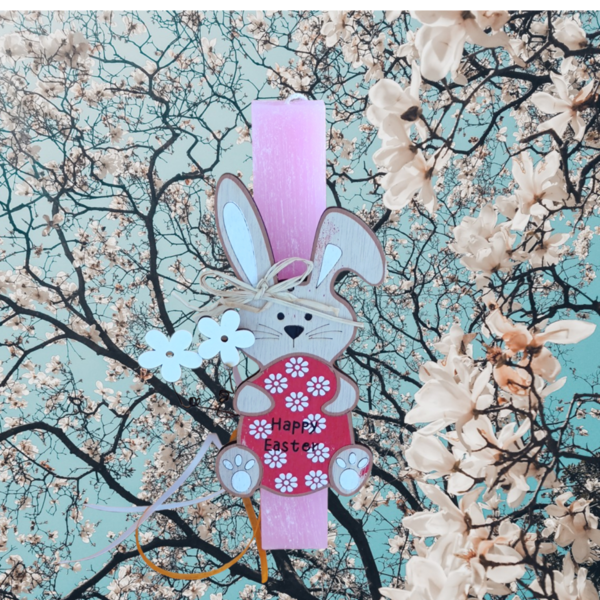 Χειροποίητη λαμπάδα αρωματική πλακέ με ξύλινο στοιχείο κουνελάκι που γράφει Happy Easter. - κορίτσι, λαμπάδες, για παιδιά, πρώτο Πάσχα, για μωρά - 3