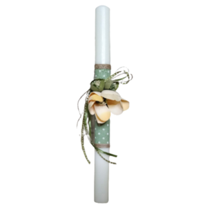 Λαμπάδα λευκή οβάλ με πράσινο-λευκό πουά ύφασμα ,κίτρινο λουλούδι και κορδέλες ( 38 χ 3 εκ. ) - κορίτσι, λουλούδια, λαμπάδες, για ενήλικες, για εφήβους - 3