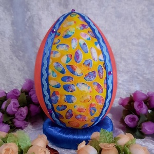 Χειροποίητο Πασχαλινό αυγό από βαμβακερό ύφασμα σε αποχρώσεις του κίτρινου, κοραλι και μπλε . Υψος 14 cm. - διακοσμητικά, πασχαλινά αυγά διακοσμητικά, πασχαλινά δώρα, διακοσμητικό πασχαλινό - 2