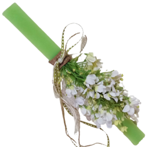 Λαμπάδα πλακέ αρωματική λαχανί με πασχαλιά σε λευκό χρώμα ( 32 χ 3 εκ. ) - κορίτσι, λουλούδια, λαμπάδες, για ενήλικες, για εφήβους