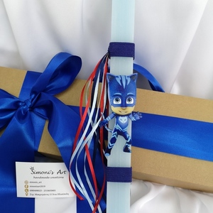Χειροποίητη αρωματική γαλάζια λαμπάδα με ξύλινη φιγούρα catboy pjmasks . 32 εκατοστά - αγόρι, λαμπάδες, για παιδιά, για εφήβους, για μωρά - 2