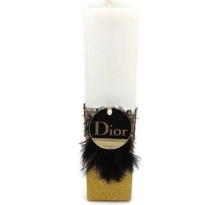 Αρωματική Λευκή Λαμπάδα με χρυσά γκλίτερ ύψους 23cm, με μαύρα πούπουλα και χρυσό στρόγγυλο πλεξιγκλάς καθρέφτη τύπου Dior - κορίτσι, λαμπάδες, αρωματικές λαμπάδες, για εφήβους