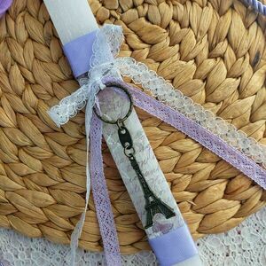 Πασχαλινή λαμπάδα λευκή-μωβ με μπρελόκ πύργος του Άιφελ - κορίτσι, λαμπάδες, για ενήλικες, για εφήβους - 2