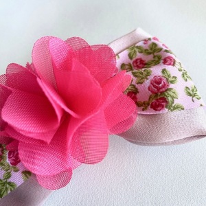 Φιόγκος Flower satin - ροζ σατέν ύφασμα & φούξια σιφόν λουλούδι - ύφασμα, φιόγκος, λουλούδια, hair clips - 2