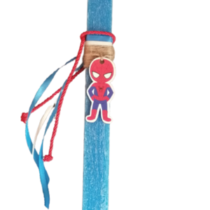 Αρωματική μπλε λαμπάδα με ξυλινο Spiderman κορδέλες κ κόκκινο στριφτο κορδόνι - αγόρι, λαμπάδες, για παιδιά, για εφήβους, σούπερ ήρωες