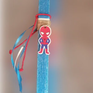 Αρωματική μπλε λαμπάδα με ξυλινο Spiderman κορδέλες κ κόκκινο στριφτο κορδόνι - αγόρι, λαμπάδες, για παιδιά, για εφήβους, σούπερ ήρωες - 3