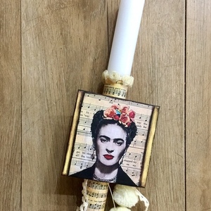 Λαμπάδα λευκή στρογγυλή "Frida sings" καμβάς με μαγνητάκι - κορίτσι, frida kahlo, για ενήλικες, για εφήβους - 5