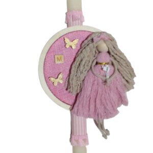 Λαμπάδα οβάλ εκρού αρωματική ( 33 εκ. ) με προσωποποιημένο τελάρο- καδράκι με μακραμέ κοριτσάκι σε ρόζ χρώμα - κορίτσι, λαμπάδες, μονογράμματα, για παιδιά, για μωρά - 2