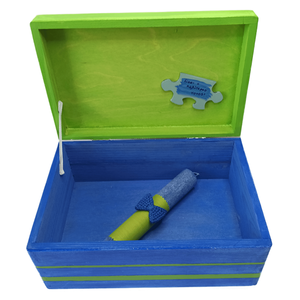 Ξύλινο χειροποίητο "ο νονός μου" memory box - Μπλε/Λαχανί- 30*20*13,5εκ. με χειροποίητη αρωματική μπλε λαμπάδα με χειροποίητο μπλε παπιγιόν. - διακοσμητικά, για ενήλικες - 2