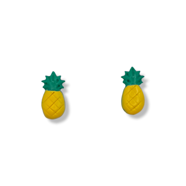 "Ananas Studs" I Χειροποίητα μοντέρνα καρφωτά σκουλαρίκια από πολυμερικό πηλό 1cm - χρώμα κίτρινο / πράσινο - πηλός, καρφωτά, μικρά, καρφάκι, φθηνά