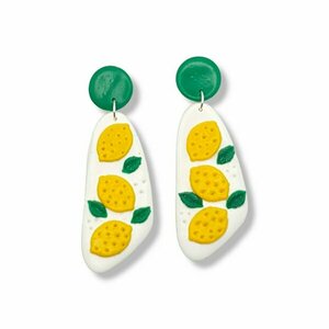 "Geometric Lemons" I Χειροποίητα μοντέρνα κρεμαστά σκουλαρίκια από πολυμερικό πηλό 7cm - χρώμα λευκό / κίτρινο / πράσινο - πηλός, κρεμαστά, μεγάλα, καρφάκι, φθηνά