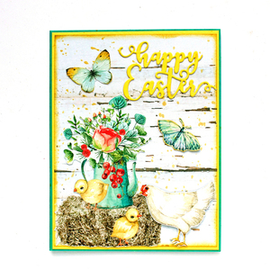Πασχαλινή ευχετήρια κάρτα με λουλούδια, κοτούλες και πεταλούδες - πάσχα, ευχετήριες κάρτες