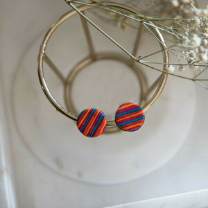 Καρφωτά σκουλαρίκια από πολυμερικό πηλό πολύχρωμα ριγέ - πηλός, καρφωτά, καρφάκι - 3