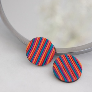 Καρφωτά σκουλαρίκια από πολυμερικό πηλό πολύχρωμα ριγε - πηλός, καρφωτά, καρφάκι - 2