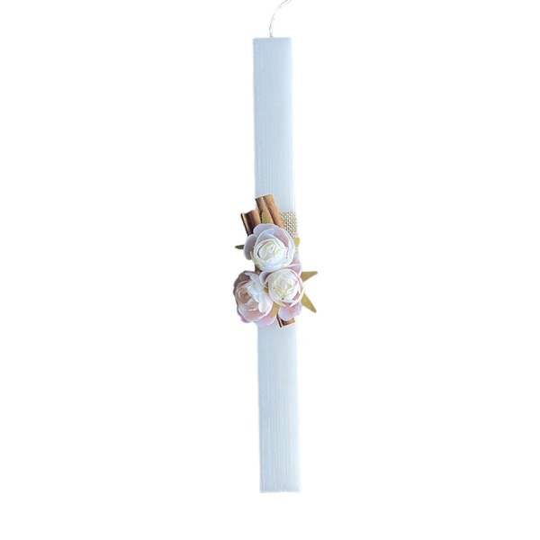 Λαμπάδα λευκή αρωματική γυναικεία με κανέλα και λουλούδια, 32 εκ. - κορίτσι, λαμπάδες, για παιδιά, για εφήβους, ανοιξιάτικα λουλούδια