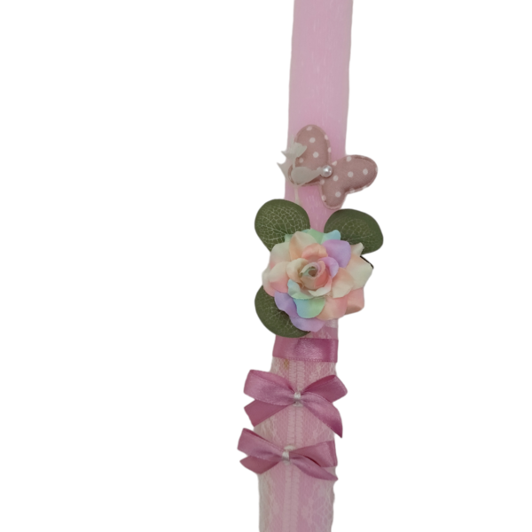Λαμπάδα ροζ με τριανταφυλλάκι και πεταλούδα - κορίτσι, λουλούδια, για παιδιά, για εφήβους - 2