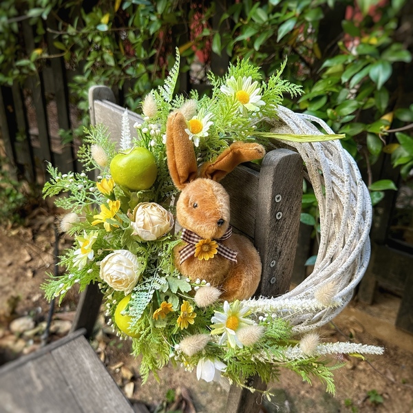 Ανοιξιάτικο Στεφανι με λαγουδάκι , λουλούδια και πράσινα μήλα - στεφάνια, λαγουδάκι, πασχαλινά δώρα, διακοσμητικό πασχαλινό - 2