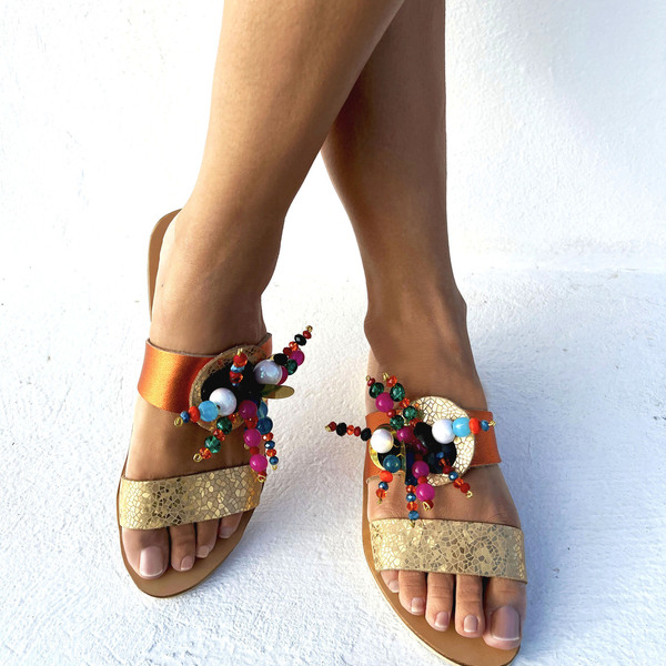 Embellished slide flat summer sandals : Leonor - δέρμα, πέτρες, φλατ, slides