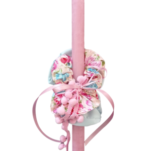 Πασχαλινή λαμπάδα ροζ με 2 scrunchies γαλάζιο σατέν και φλοράλ - κορίτσι, λαμπάδες, για ενήλικες, για εφήβους