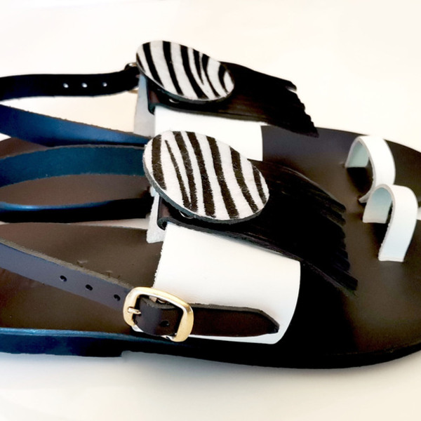 Handmade Leather Sandal : Lidia - δέρμα, μαύρα, φλατ, ankle strap