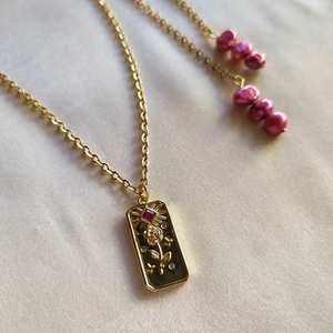 MAGENTA necklace| κολιέ με ζιργκόν και μαργαριτάρια - ημιπολύτιμες πέτρες, μαργαριτάρι, λουλούδι, ατσάλι, μενταγιόν - 4