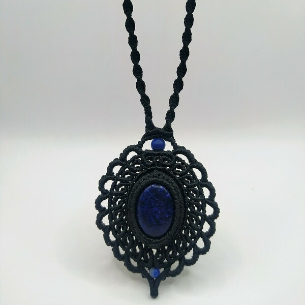 Blue Black Necklace - ημιπολύτιμες πέτρες, μακραμέ, μακριά, boho, μπλε χάντρα - 2