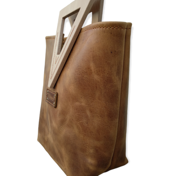 Χειροποίητη Δερμάτινη γυναικεία τσάντα χειρός –KA203 - δέρμα, ξύλο, all day, χειρός, tote - 4