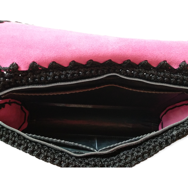 Χειροποίητος πλεκτός δερμάτινος γυναικείος φάκελος ροζ μαύρο -KA263 - δέρμα, animal print, φάκελοι, all day, χειρός - 4