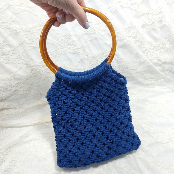 Τσάντα μπλε πλεκτή με χερούλια κρίκους - νήμα, all day, χειρός, πλεκτές τσάντες, μικρές - 5