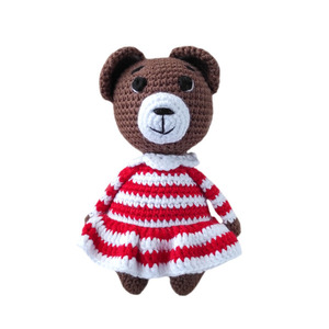 Πλεκτό κουκλάκι καφέ αρκουδάκι με κόκκινο/λευκό φόρεμα - ύψος 15 εκ - λούτρινα, αρκουδάκι, δώρο γέννησης