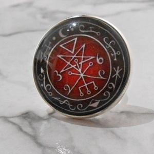 Αυξομειούμενο δαχτυλίδι με γυαλί Adjustable cabochon ring Sigil of Lilith - γυαλί, γεωμετρικά σχέδια, μεγάλα, αυξομειούμενα, δώρα για γυναίκες
