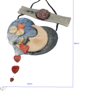SOLD OUT! Καδράκι τοίχου ξύλινο, χειροποίητο, με στοιχεία από πηλό, Υ36cm. - πίνακες & κάδρα, καρδιά, φεγγάρι, πηλός, χειροποίητα - 2