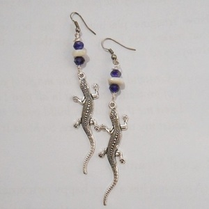Σκουλαρίκια με charms και χάντρες Lizard earrings - χάντρες, ατσάλι, μεταλλικά στοιχεία, κρεμαστά, γάντζος