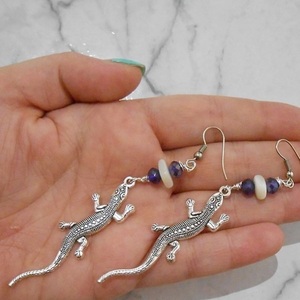 Σκουλαρίκια με charms και χάντρες Lizard earrings - χάντρες, ατσάλι, μεταλλικά στοιχεία, κρεμαστά, γάντζος - 5