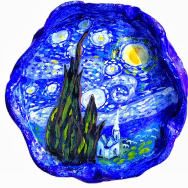 Έναστρη νύχτα ζωγραφισμένη σε πήλινο τασάκι. Έχει περαστεί με βερνίκι διαστάσεις 12χ12 εκ. - ζωγραφισμένα στο χέρι, πίνακες & κάδρα, πηλός
