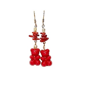 Σκουλαρίκια γυναικεία κόκκινα αρκουδάκι με κοράλλια και μαργαριτάρια - μαργαριτάρι, επιχρυσωμένα, ασήμι 925, κρεμαστά, γάντζος