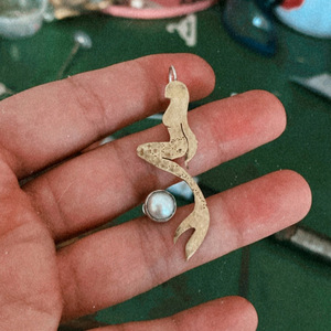 Γοργόνα με πέρλα σκουλαρίκια, φυσικό μαργαριτάρι - ορείχαλκος, ασήμι 925, μπρούντζος - 2