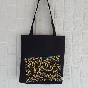 Γυναικεία χειροποίητη τσάντα ώμου / tote bag από ύφασμα με θέμα μαύρο με χρυσές λεπτομέρειες - ύφασμα, ώμου, all day, tote, πάνινες τσάντες - 2