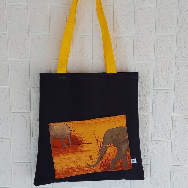 Γυναικεία χειροποίητη τσάντα ώμου / tote bag από ύφασμα με θέμα ελέφαντες σε σαφάρι - ύφασμα, ώμου, all day, tote, πάνινες τσάντες - 2