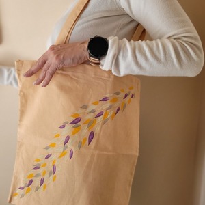 Τσάντα υφασμάτινη, ζωγραφισμένη στο χέρι, απαλό ροδακινί χρώμα - ύφασμα, ώμου, μεγάλες, all day, πάνινες τσάντες - 2