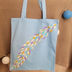 Τσάντα υφασμάτινη ζωγραφισμένη στο χέρι γαλάζιο χρώμα - ύφασμα, ώμου, all day, tote, πάνινες τσάντες - 3