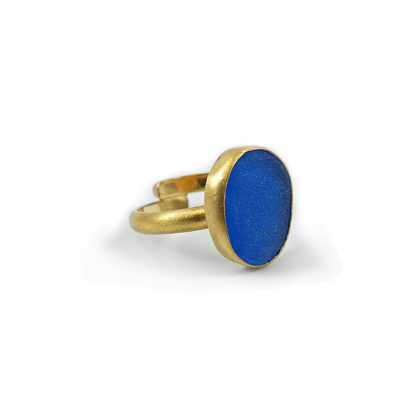 "Blue Seaglass ring" - Xειροποίητο επίχρυσο 18κ ματ δαχτυλίδι με φυσικό μπλε γυαλάκι της θάλασσας! - γυαλί, επιχρυσωμένα, αυξομειούμενα
