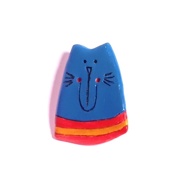 Καρφίτσα γάτα μπλε, κόκκινο&μουσταρδί - πηλός