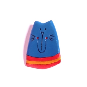 Καρφίτσα γάτα μπλε, κόκκινο&μουσταρδί - πηλός