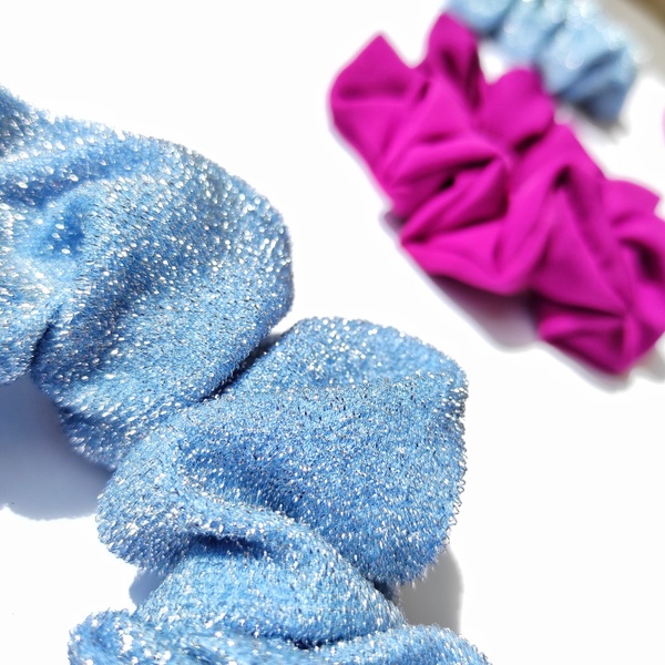 Scrunchie λούρεξ γαλάζιο - ύφασμα, χειροποίητα, λαστιχάκια μαλλιών - 3