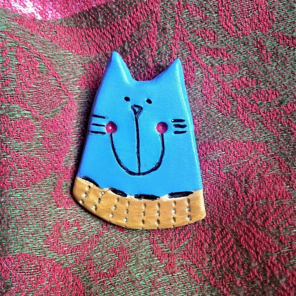 Καρφίτσα γάτα γαλάζιο&μουσταρδί - πηλός - 2