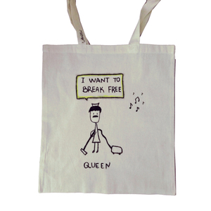 Πάνινη τσάντα εκρού ζωγραφισμένη "Freddie" (42*38cm) - ύφασμα, ώμου, tote, πάνινες τσάντες